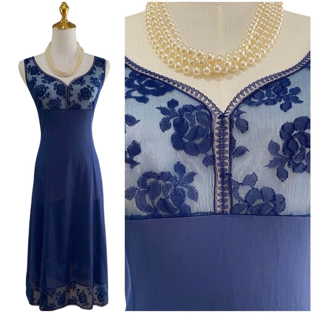 Vintage Navy Blue Floral Lace Chemise Slip